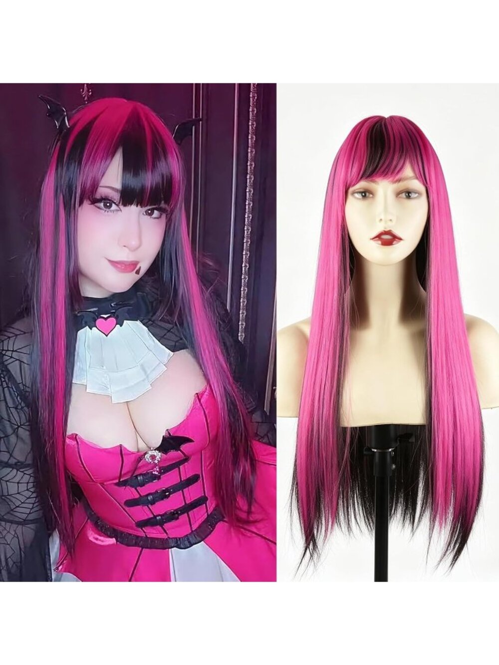 Women's Pink-Black Long Straight Wig with Bangs for 26 Inch Natural Heat